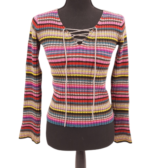 Vintage Sweaters - VTG 90s Y2K Next Era Chunky Ribbed Striped Lace Up Fitted Sweater Bell Sleeve S
